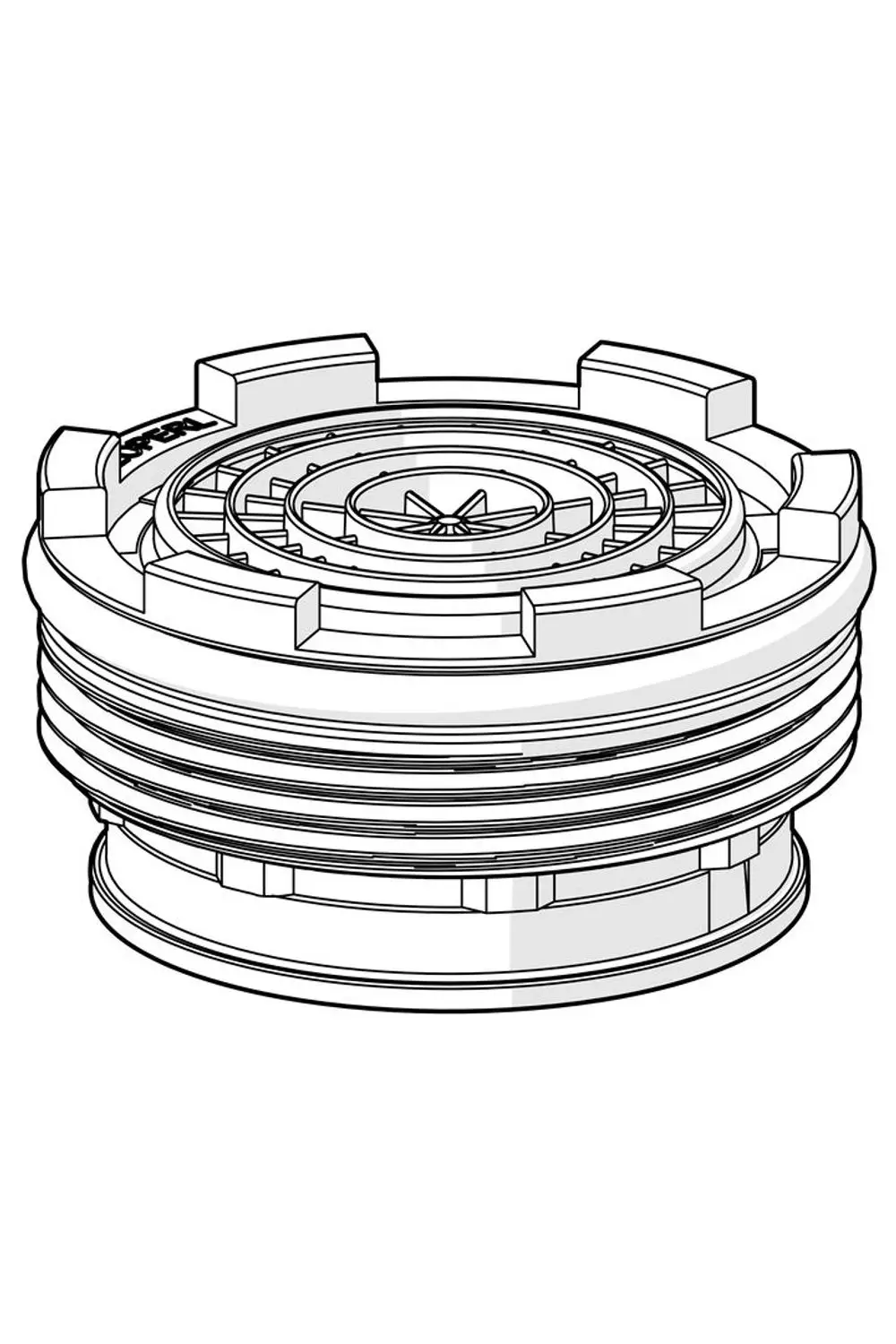 Luftsprudler von HANSA in runder Form mit mehreren Rillen und einem zentralen Gewinde, zeigt eine mechanische Struktur ohne erkennbare Maße.